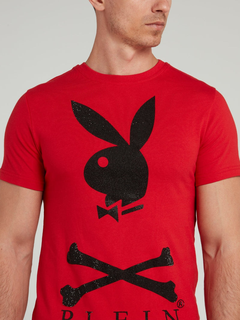 Red Playboy Print Round Neck T-Shirt