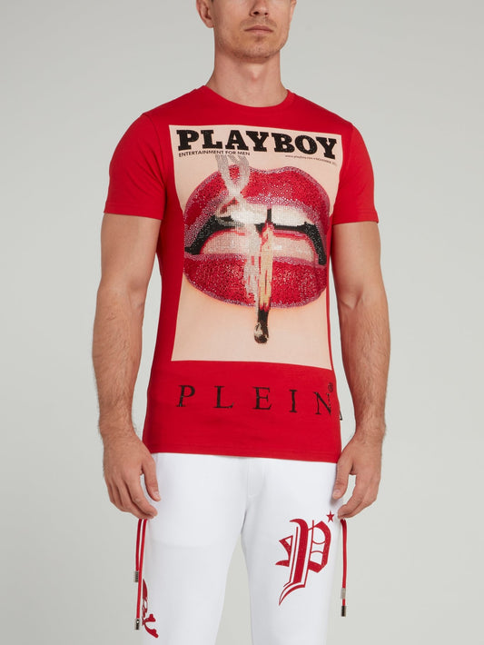 Red Playboy Print Round Neck T-Shirt