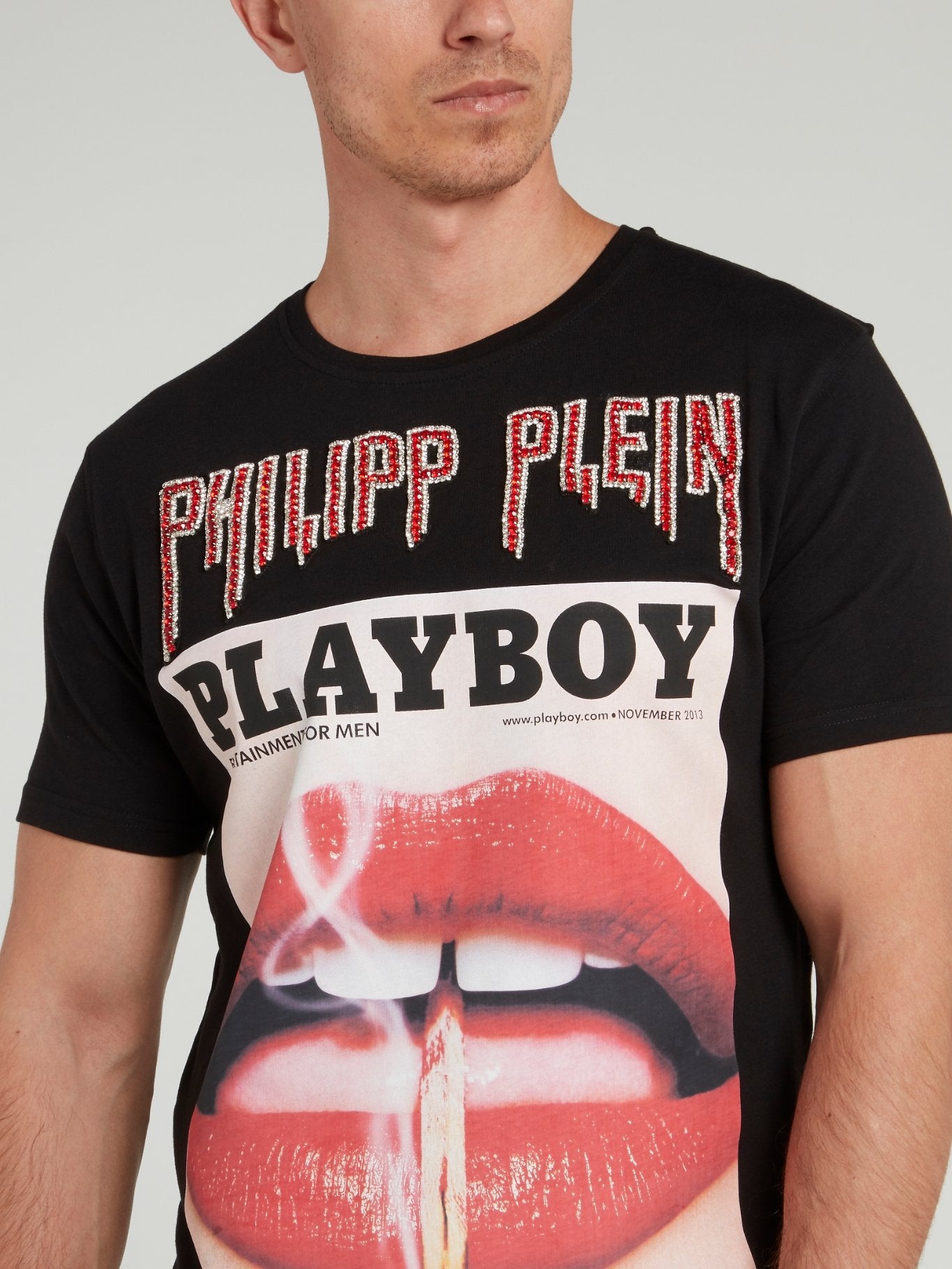 Black Playboy Graphic Print Embellished T-Shirt