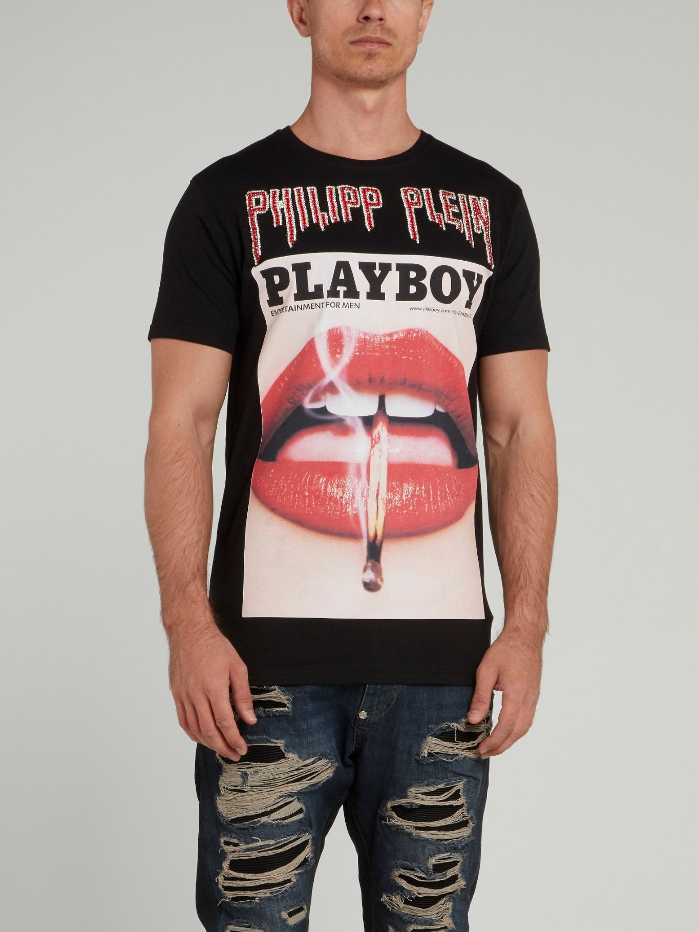 Black Playboy Graphic Print Embellished T-Shirt