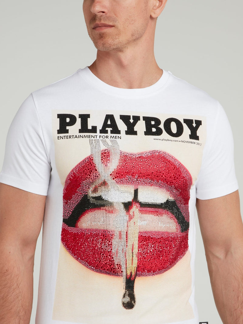 White Playboy Print Round Neck T-Shirt