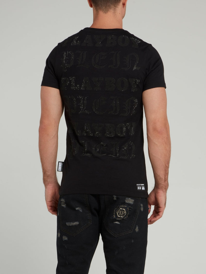 Black Playboy Print Round Neck T-Shirt
