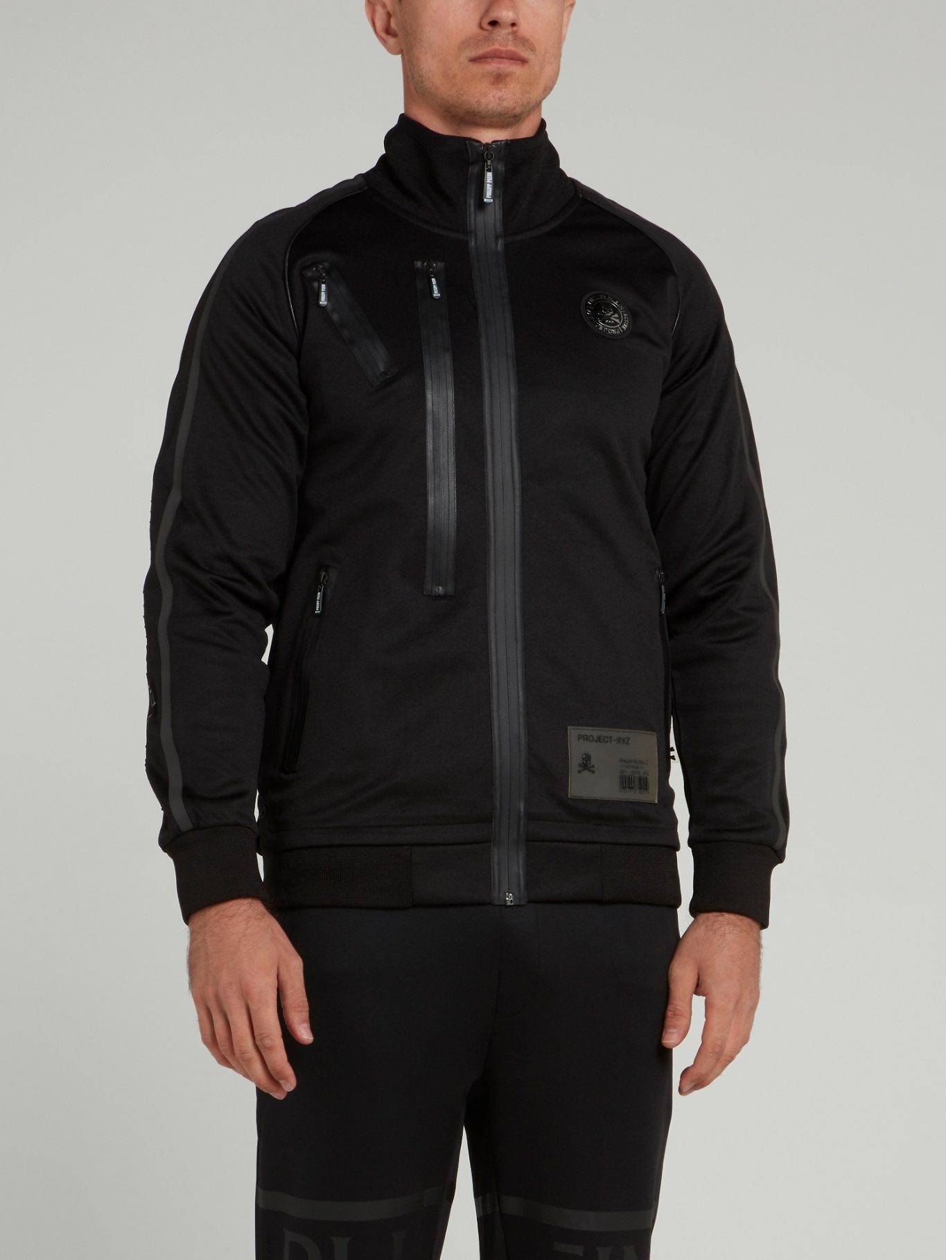 Black Zipper Embellished Jogging Jacket