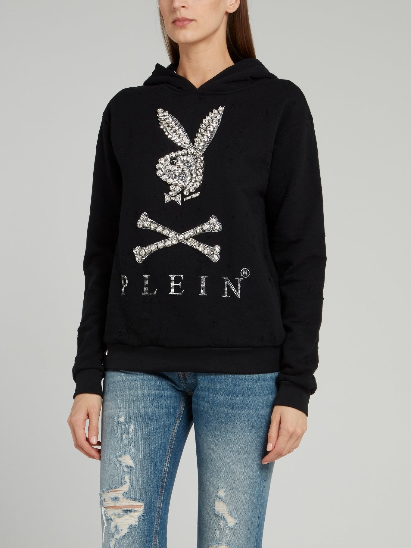 Shop Philipp Plein Playboy Crystal Embellished Hoodie Sweatshirt