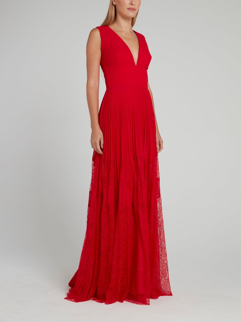 Red Pleated Lace Panel Maxi Dress