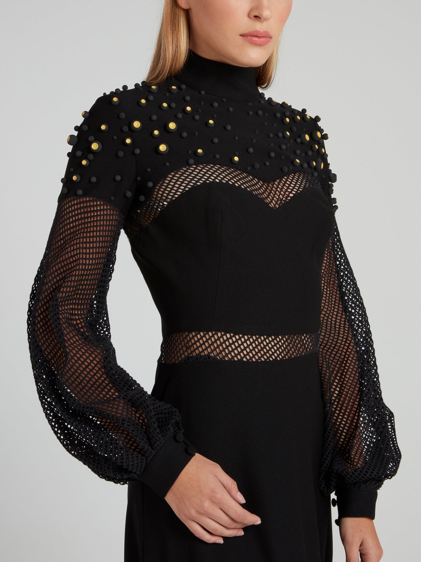 Gemy Black Net Mesh Embellished Maxi Dress 42 / Black Gemy Black Net Mesh Embellished Maxi Dress 42 / Black