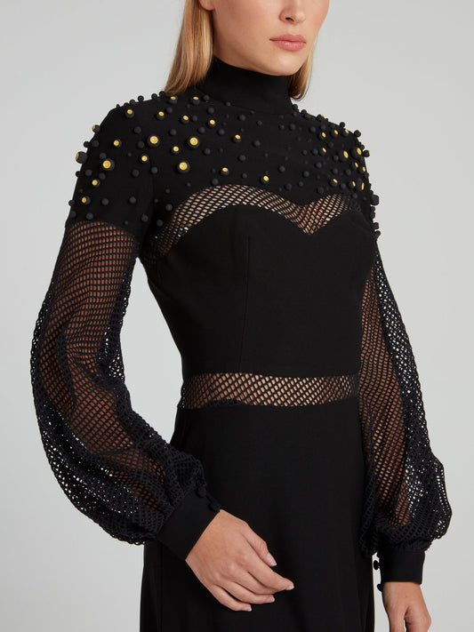 Black Net Mesh Embellished Maxi Dress