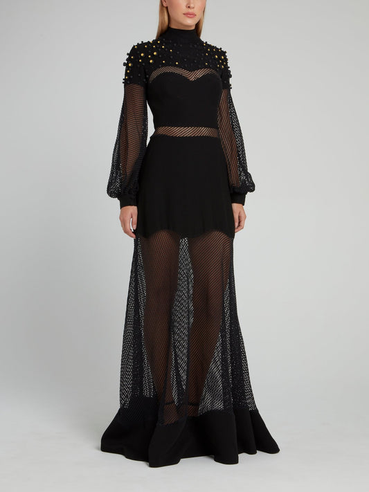Black Net Mesh Embellished Maxi Dress