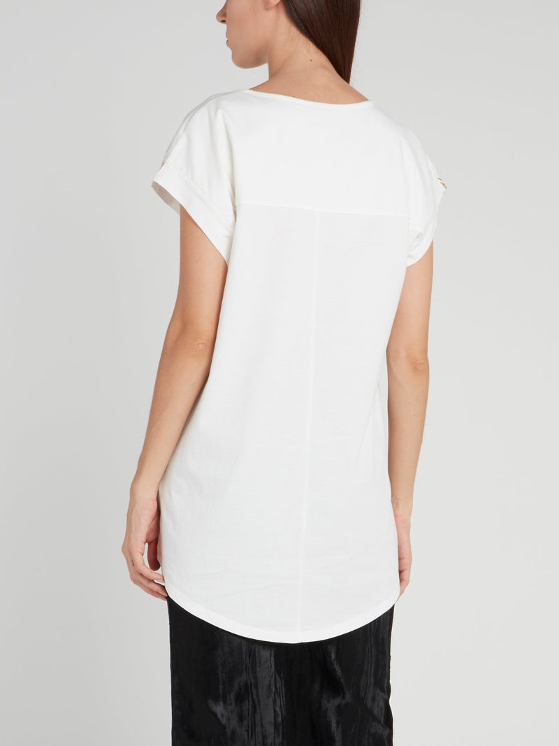 White Glossy Print Scoop Neck Top