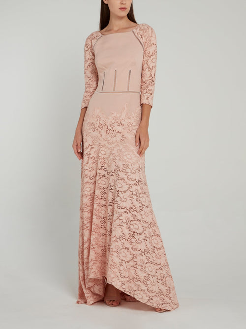 Розовое платье-макси с рукавами реглан и кружевом