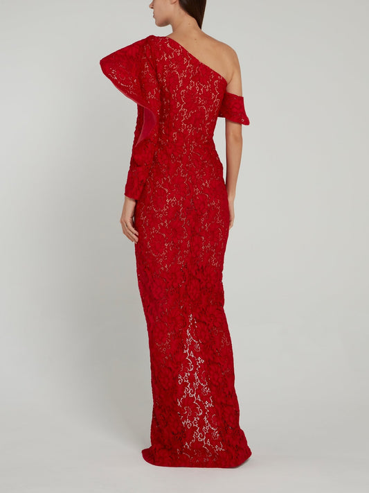 Red Asymmetric Lace Maxi Dress