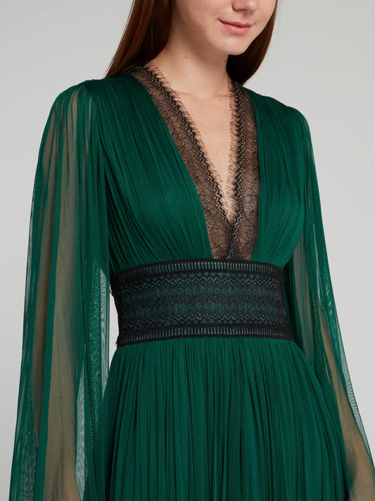 Green Lace Panel Tulle Midi Dress