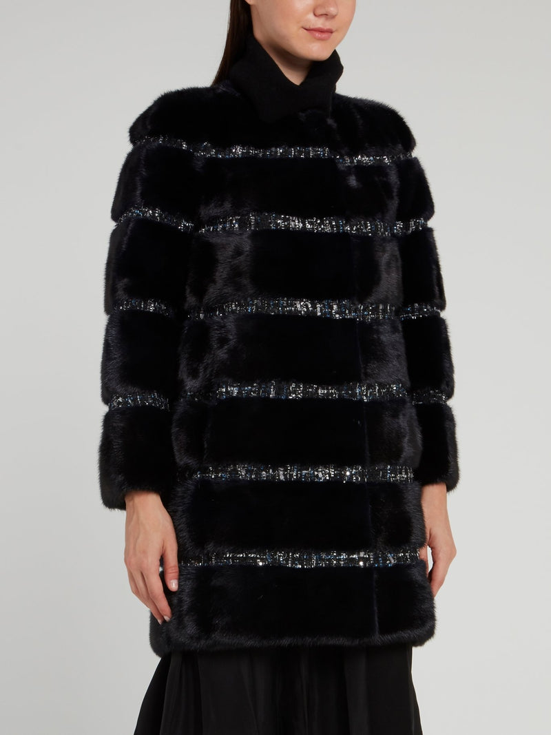 Black Tweed Striped Fur Coat