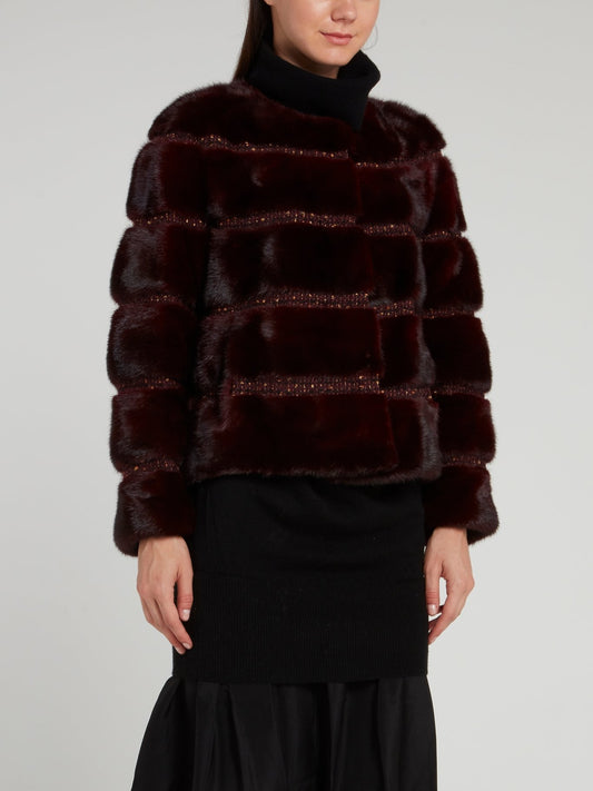Burgundy Tweed Striped Fur Coat