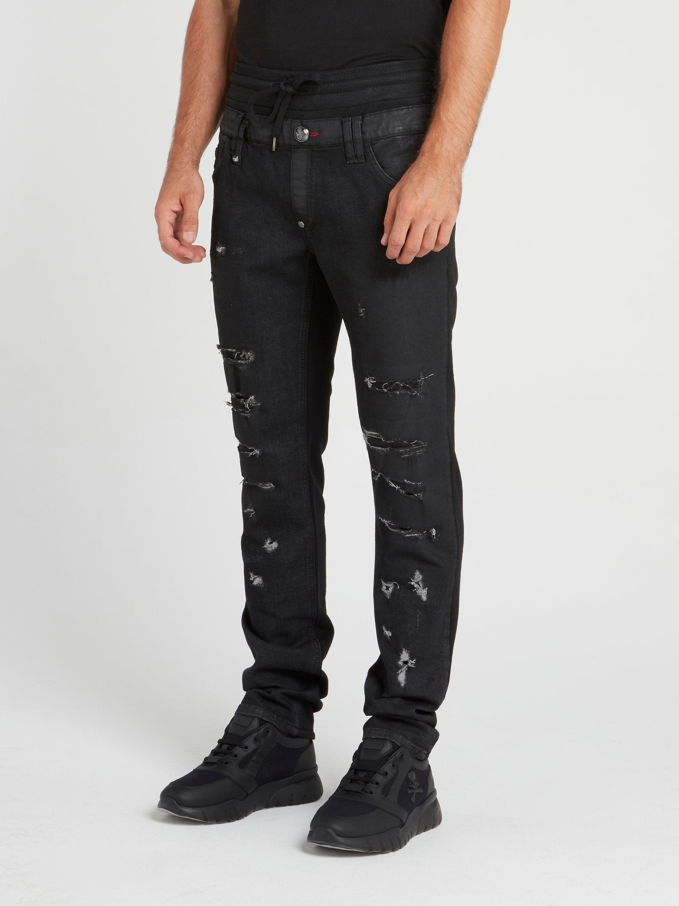 Black Distressed Drawstring Jeans