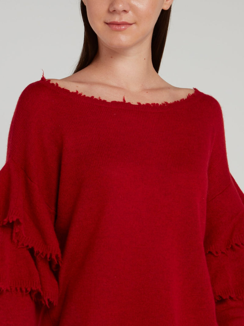 Red Frayed Cashmere Pullover