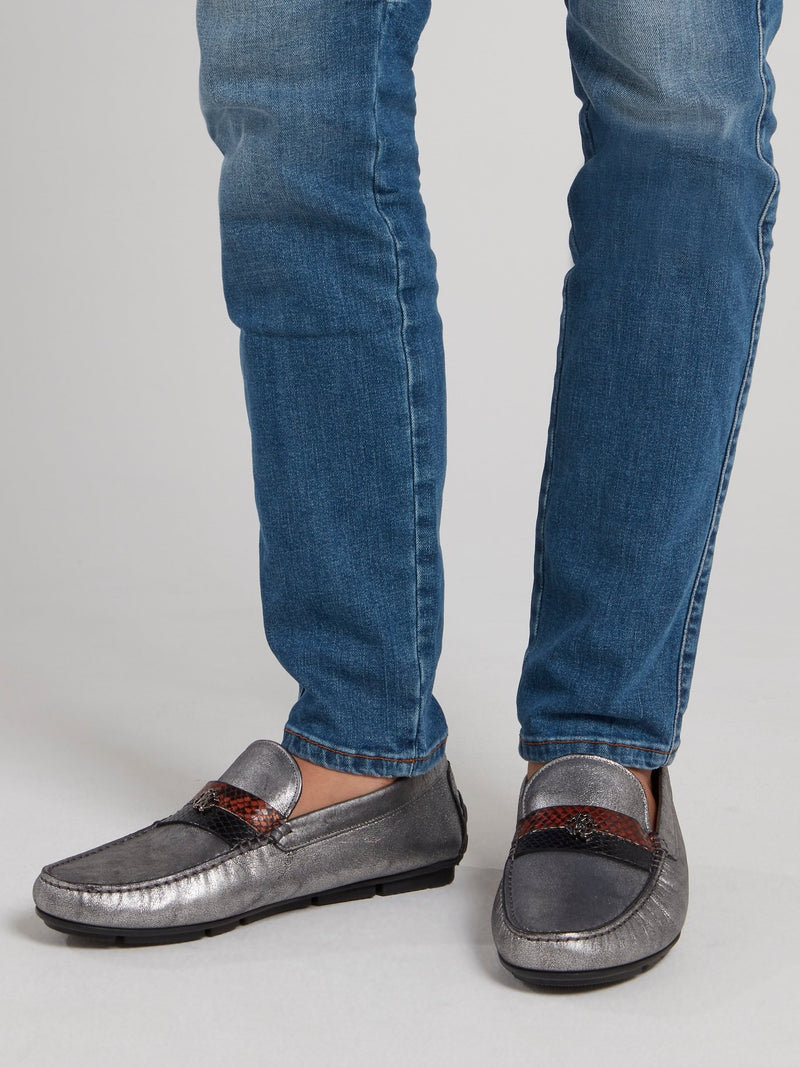 Silver Snake Skin Panel Loafers