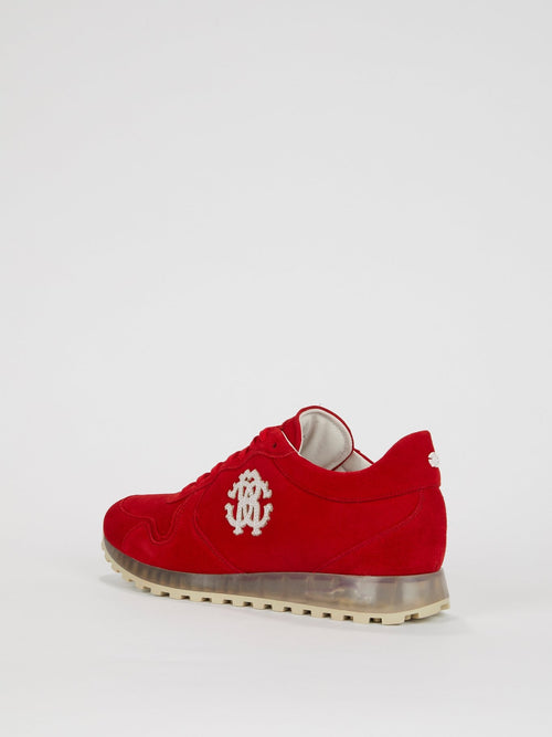 Red Monogram Appliquéd Suede Sneakers