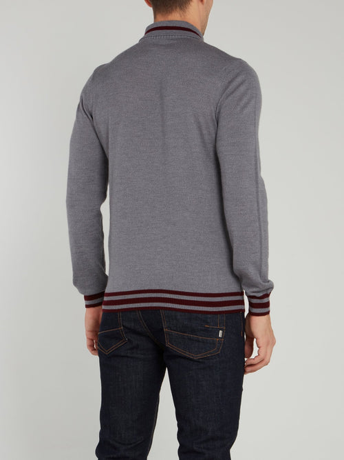 Grey Zip Neck Stripe Edge Sweater