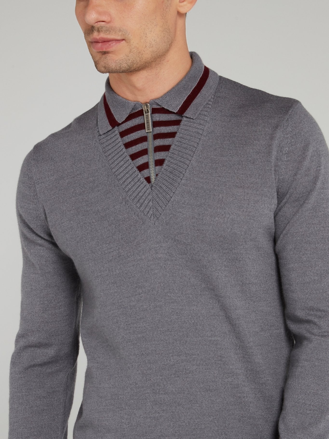 Grey Zip Neck Stripe Edge Sweater