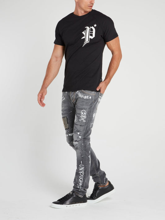Grey Patched Graffiti Jeans