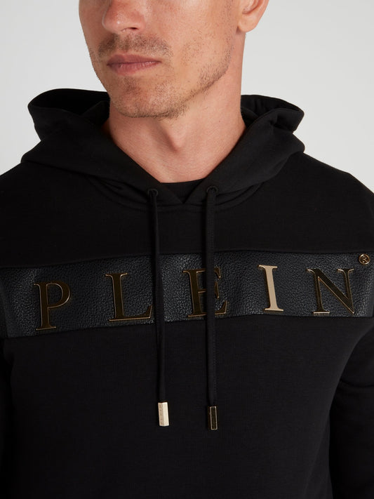 Black Logo Embellished Drawstring Hoodie