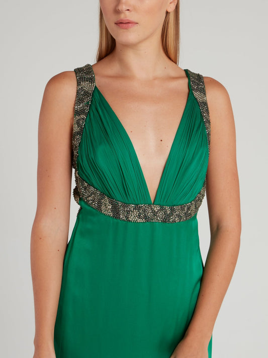 Зеленое платье-макси с декольте и завышенной талией