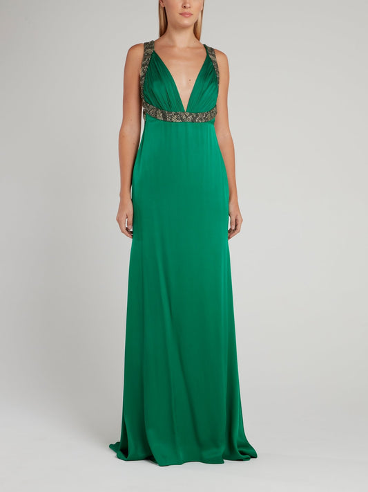 Зеленое платье-макси с декольте и завышенной талией