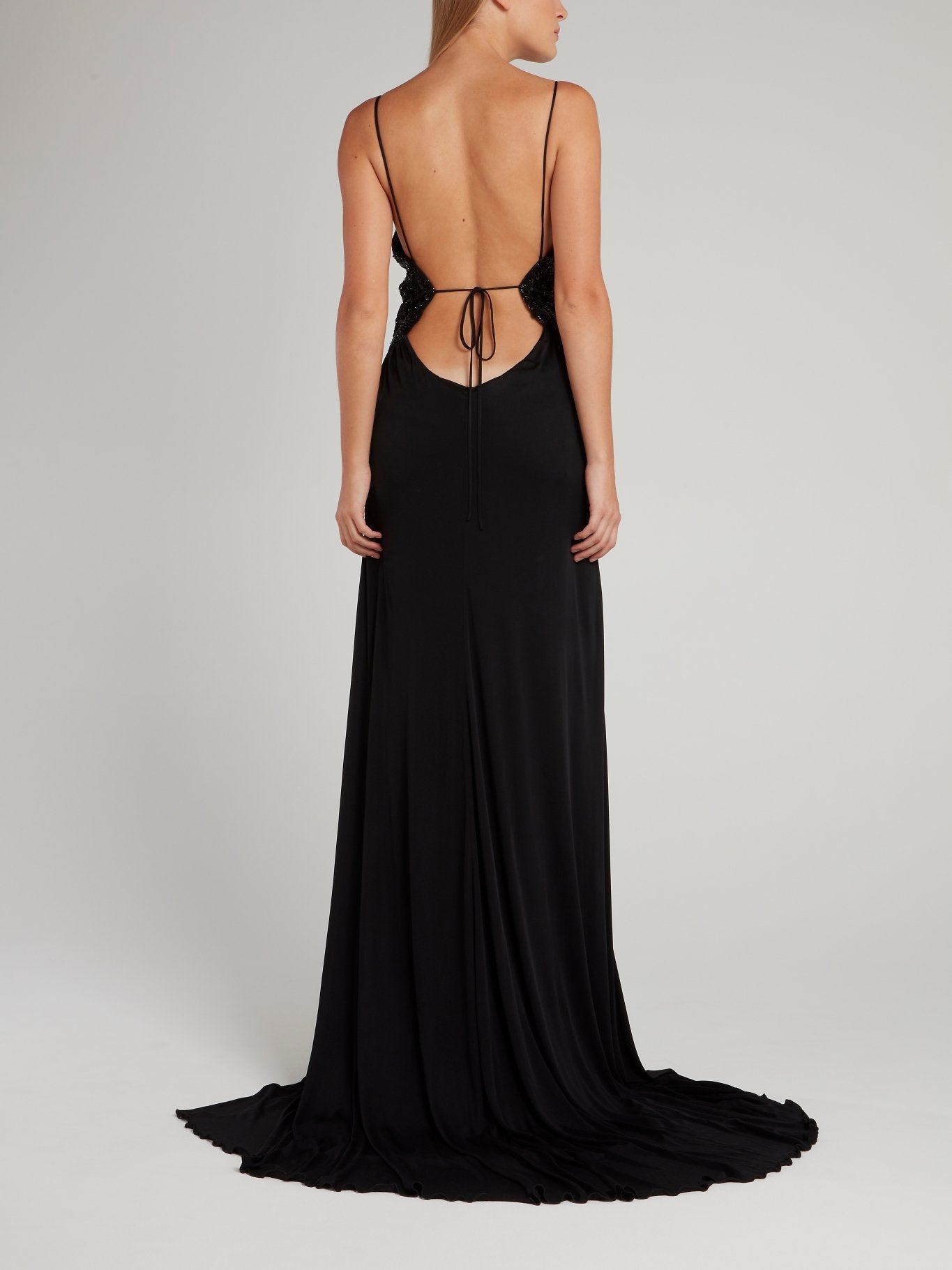 Black Embellished Backless Plunge Maxi Dress