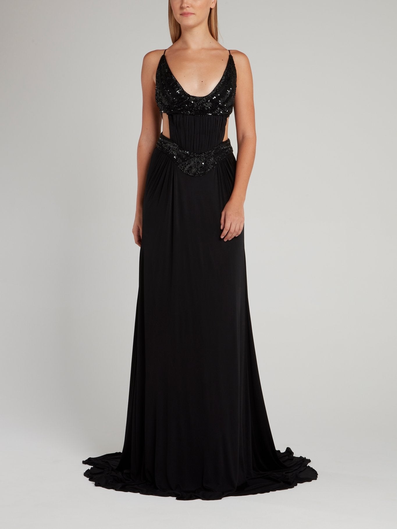Black Embellished Backless Plunge Maxi Dress