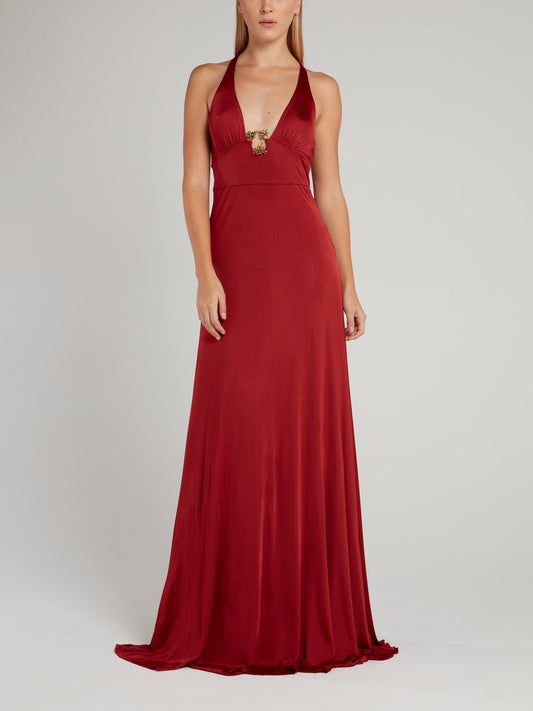 Красное платье-макси с вырезом халтер