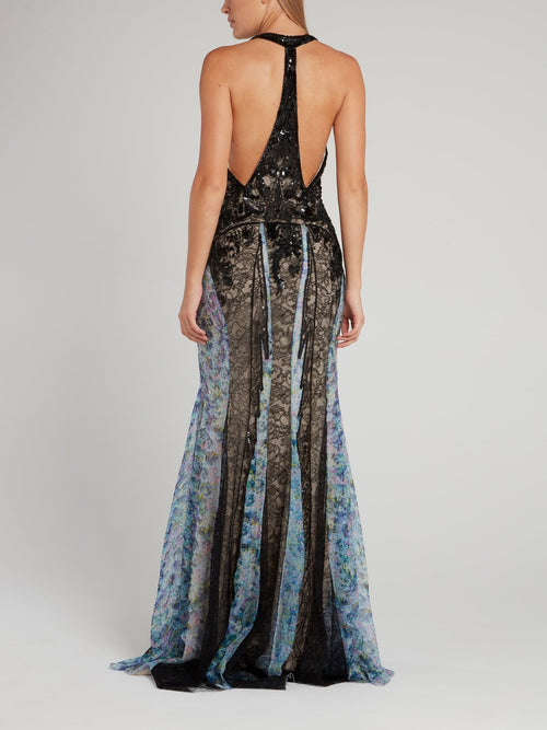 Beadwork Lace Halter Maxi Dress
