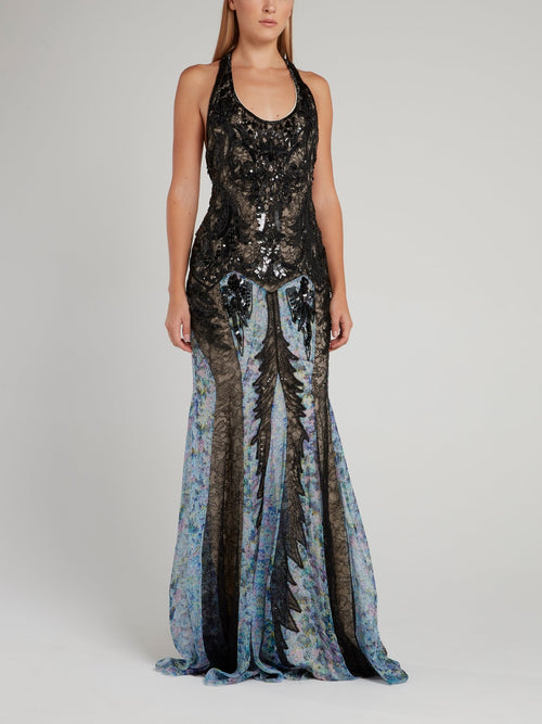 Beadwork Lace Halter Maxi Dress