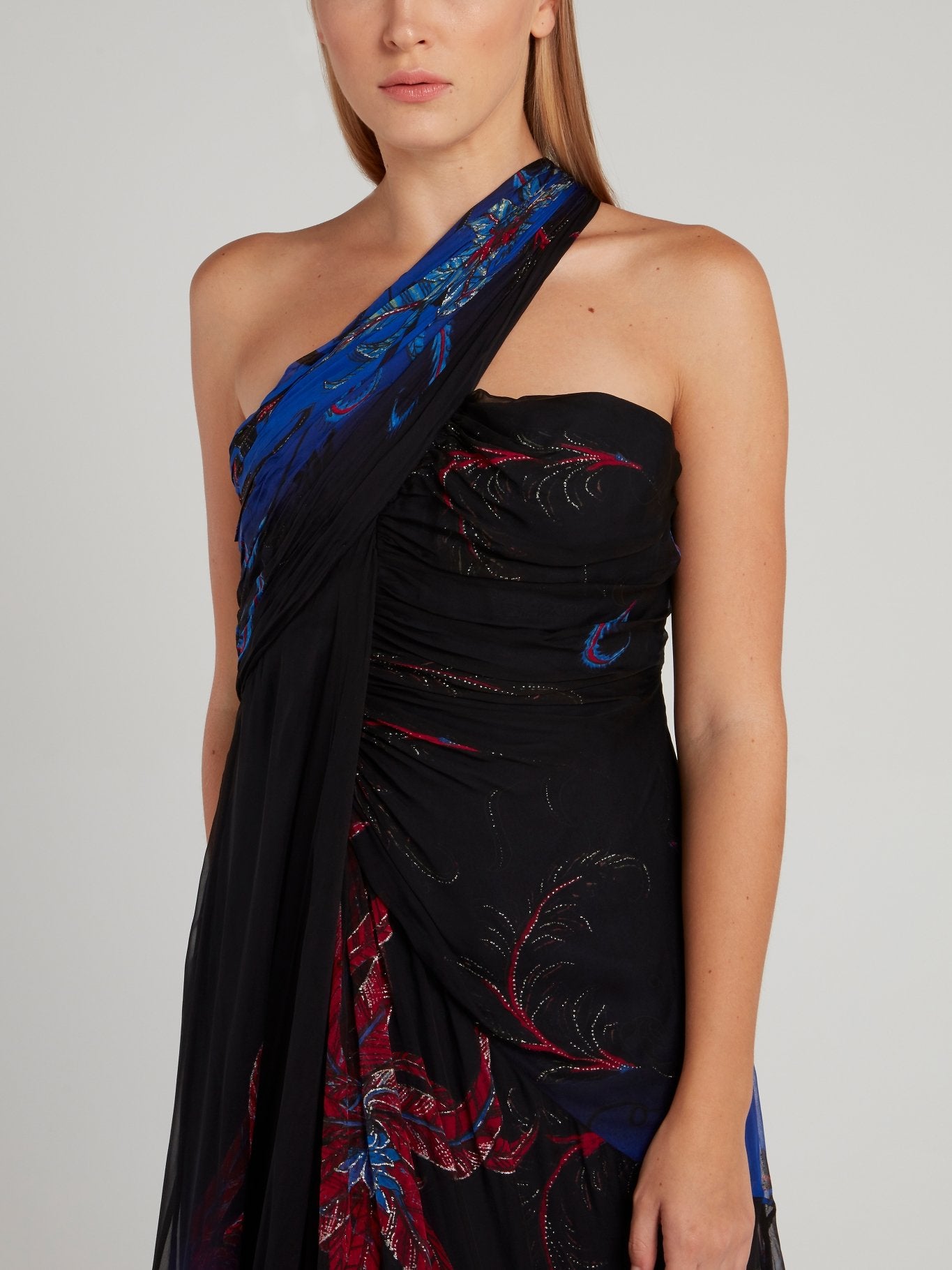 One-Shoulder Floral Draped Maxi Dress