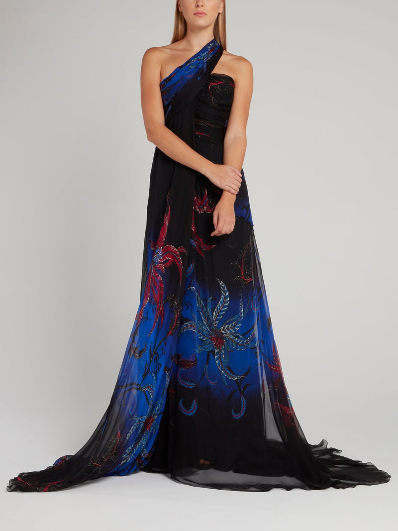 One-Shoulder Floral Draped Maxi Dress