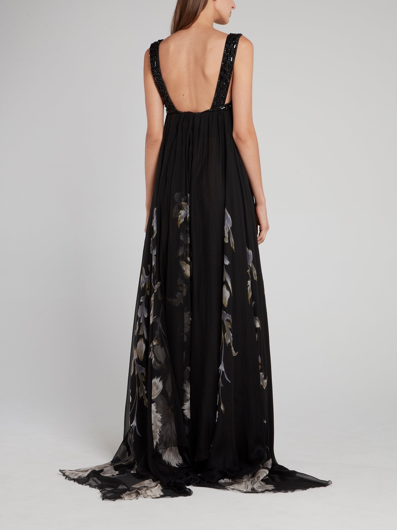Black Open-Back Floral Printed Maxi Dress
