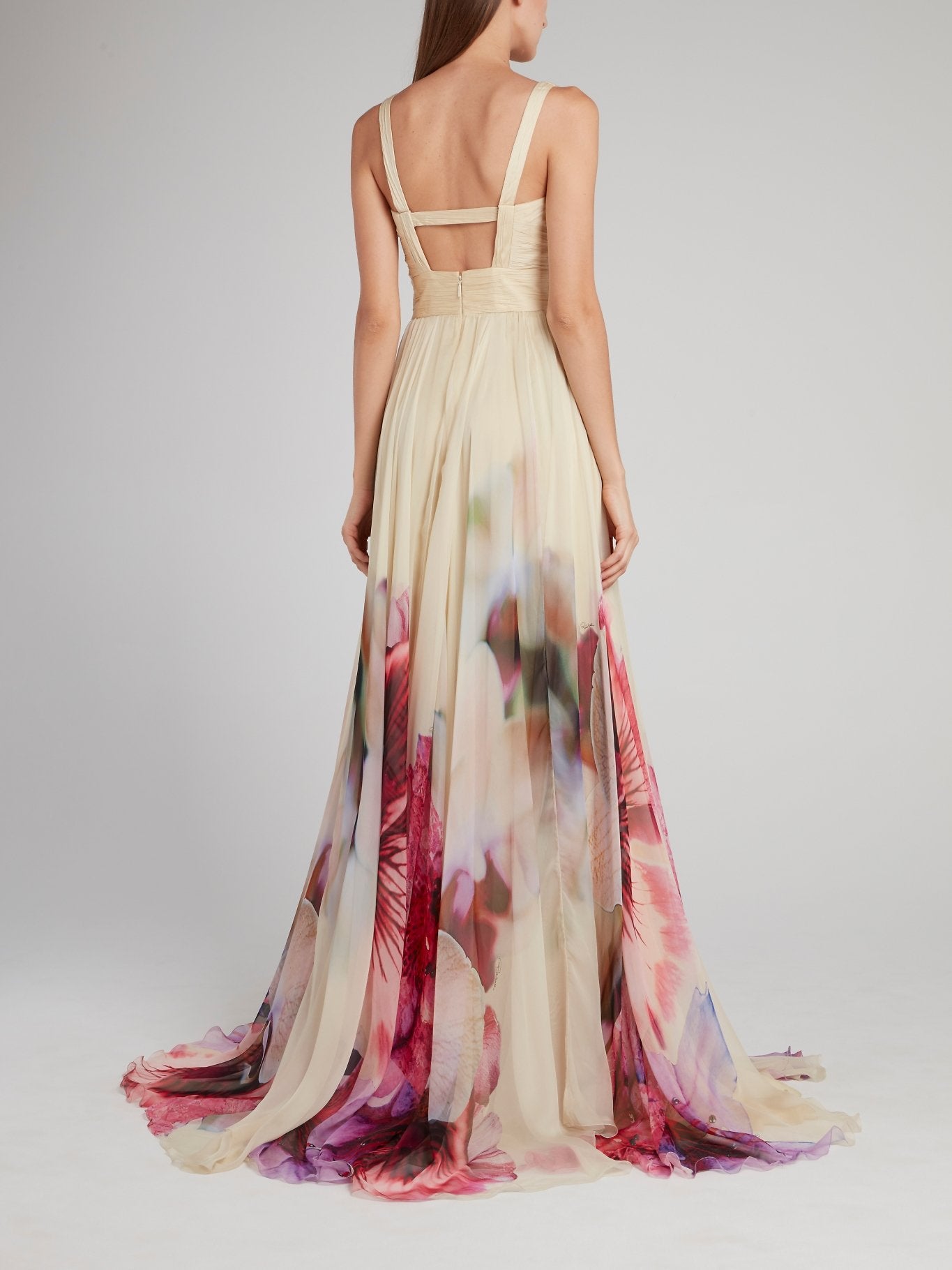 Beige Floral Print Flared Maxi Dress