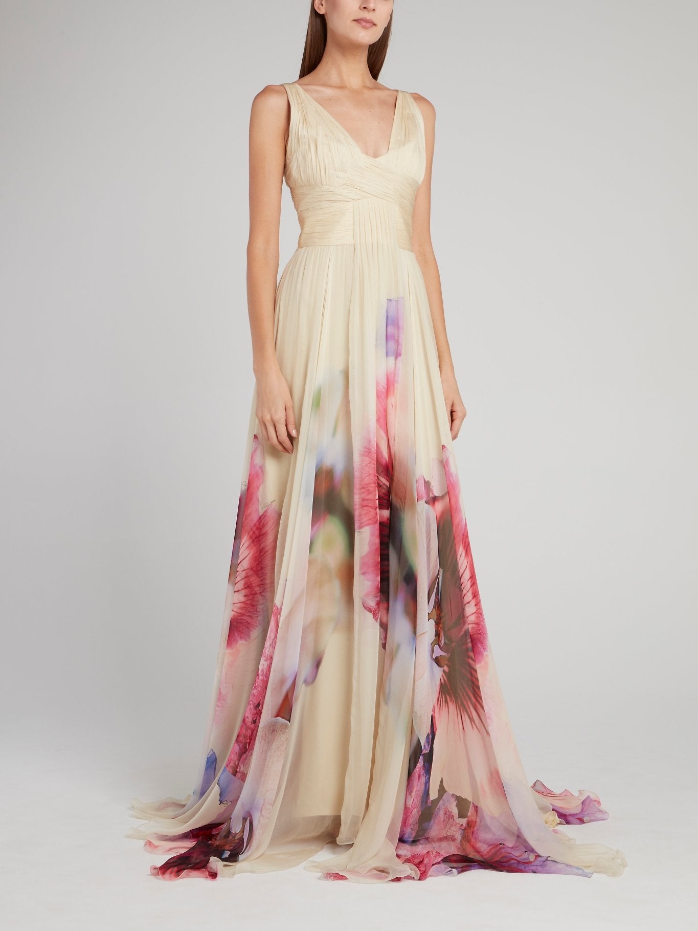 Beige Floral Print Flared Maxi Dress