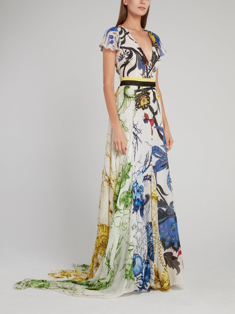Floral Print Cap Sleeve Plunge Maxi Dress Floral Print Cap Sleeve Plunge Maxi Dress