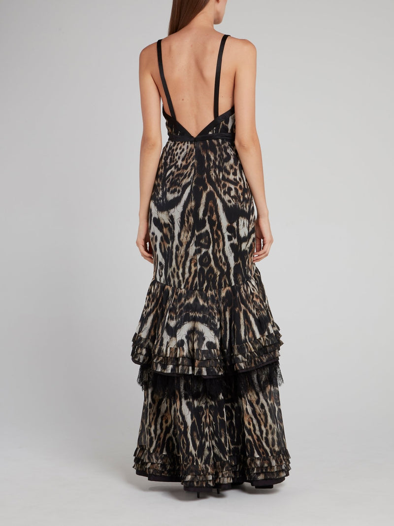 Многоярусное платье-макси с леопардовым принтом