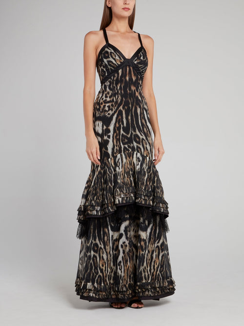 Многоярусное платье-макси с леопардовым принтом