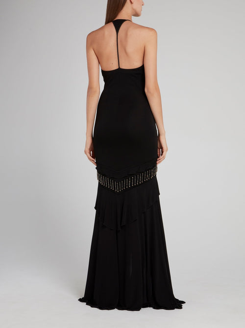 Black Embellished Frill Maxi Dress