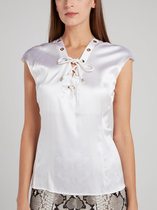 White Silk Satin Lace Up Top