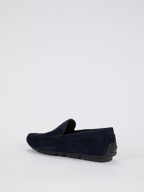 Navy Logo Embroidered Suede Loafers
