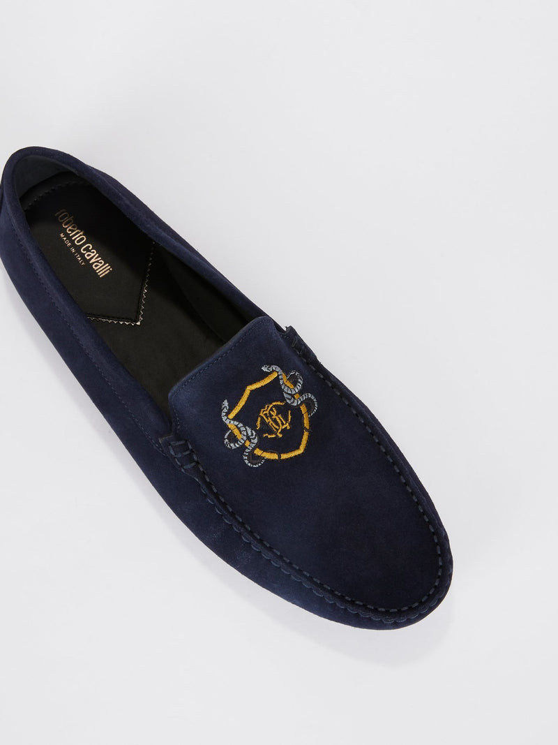 Navy Logo Embroidered Suede Loafers