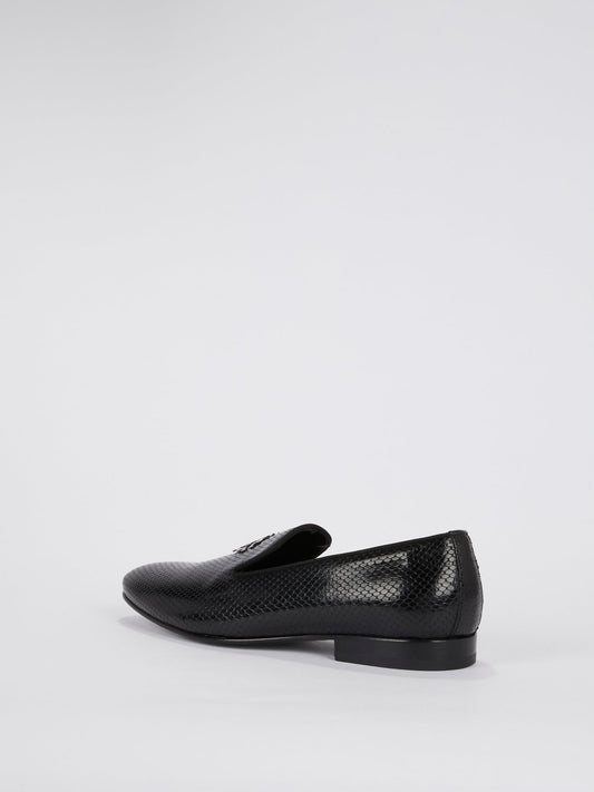 Black Snake Skin Textured Leather Loafers