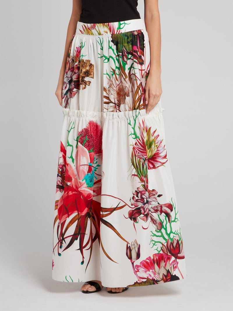 White Floral Printed Flared Maxi Skirt