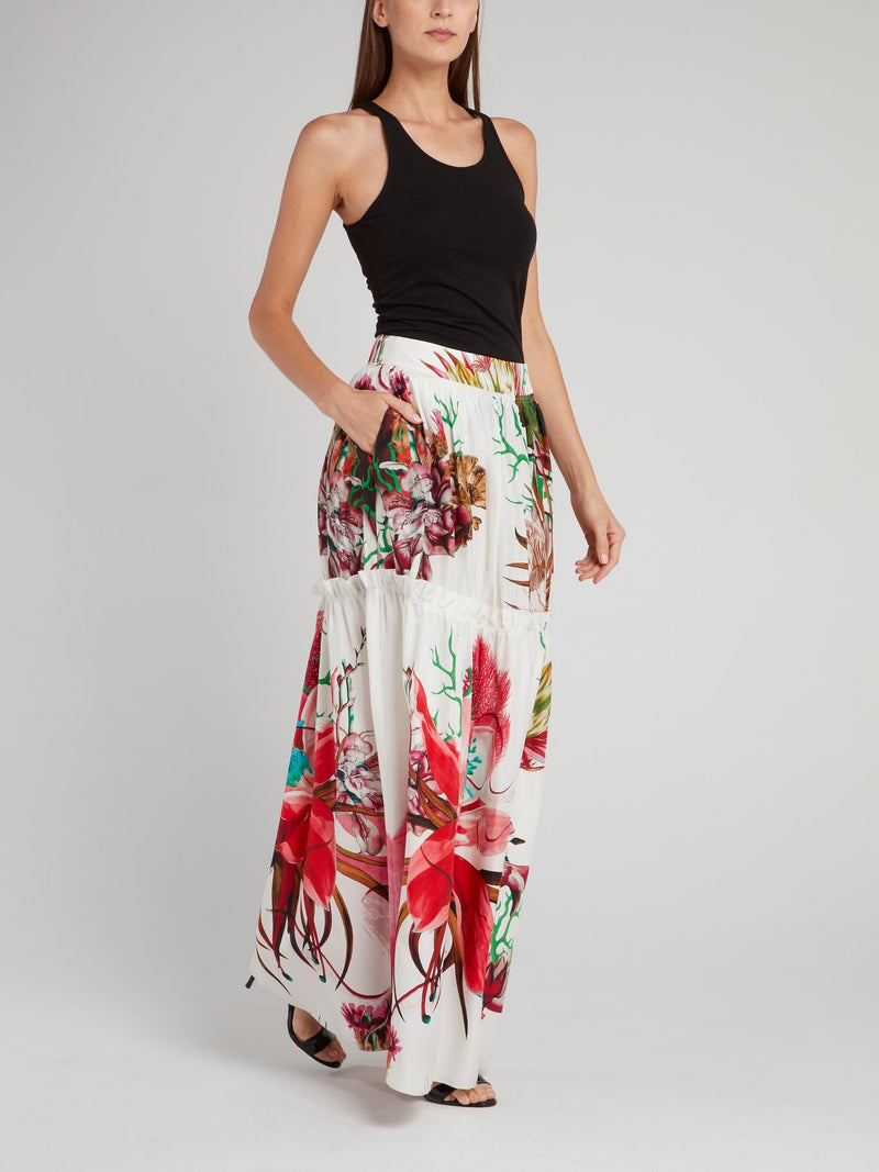 White Floral Printed Flared Maxi Skirt