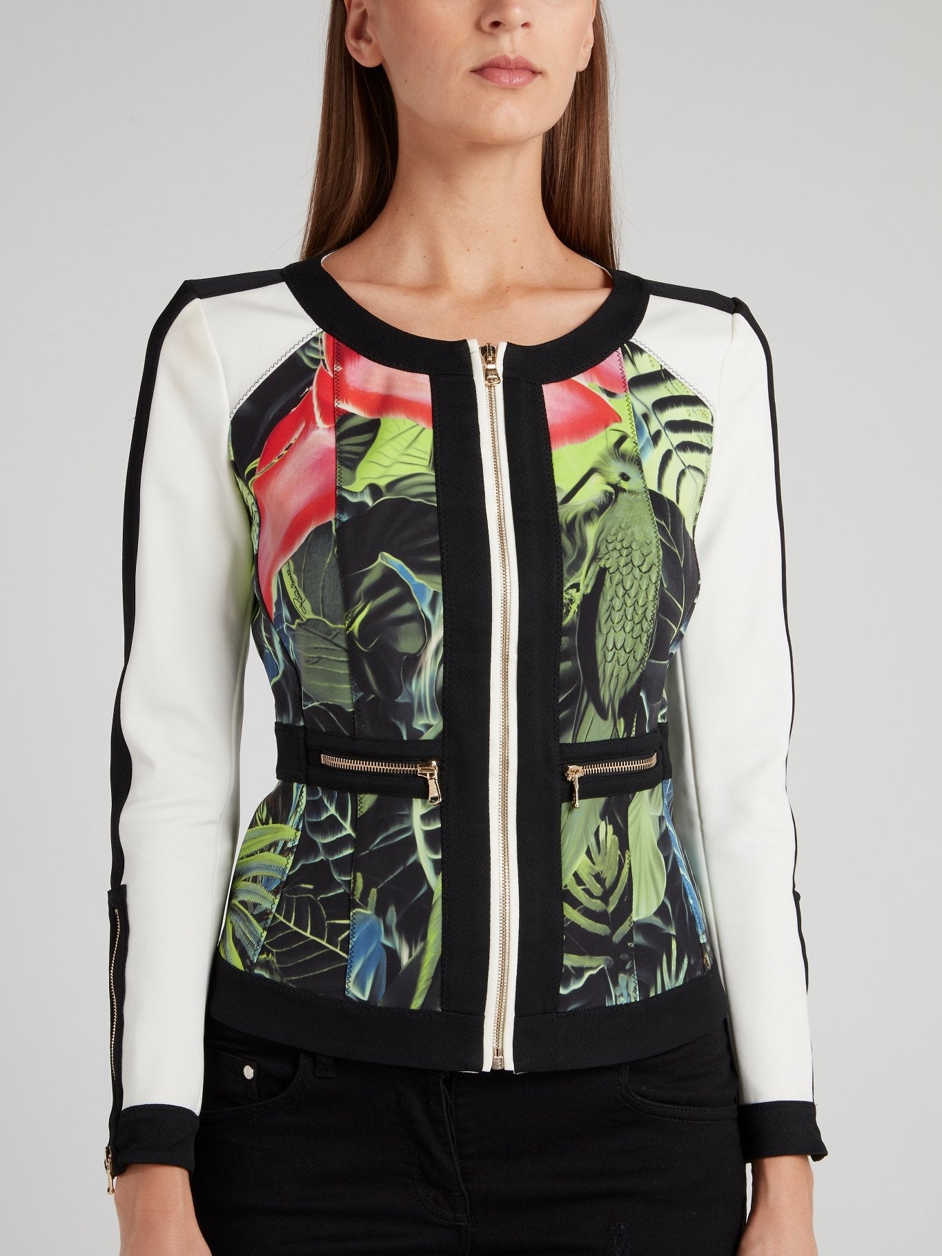Tropical Print Zip Up Contrast Sleeve Jacket
