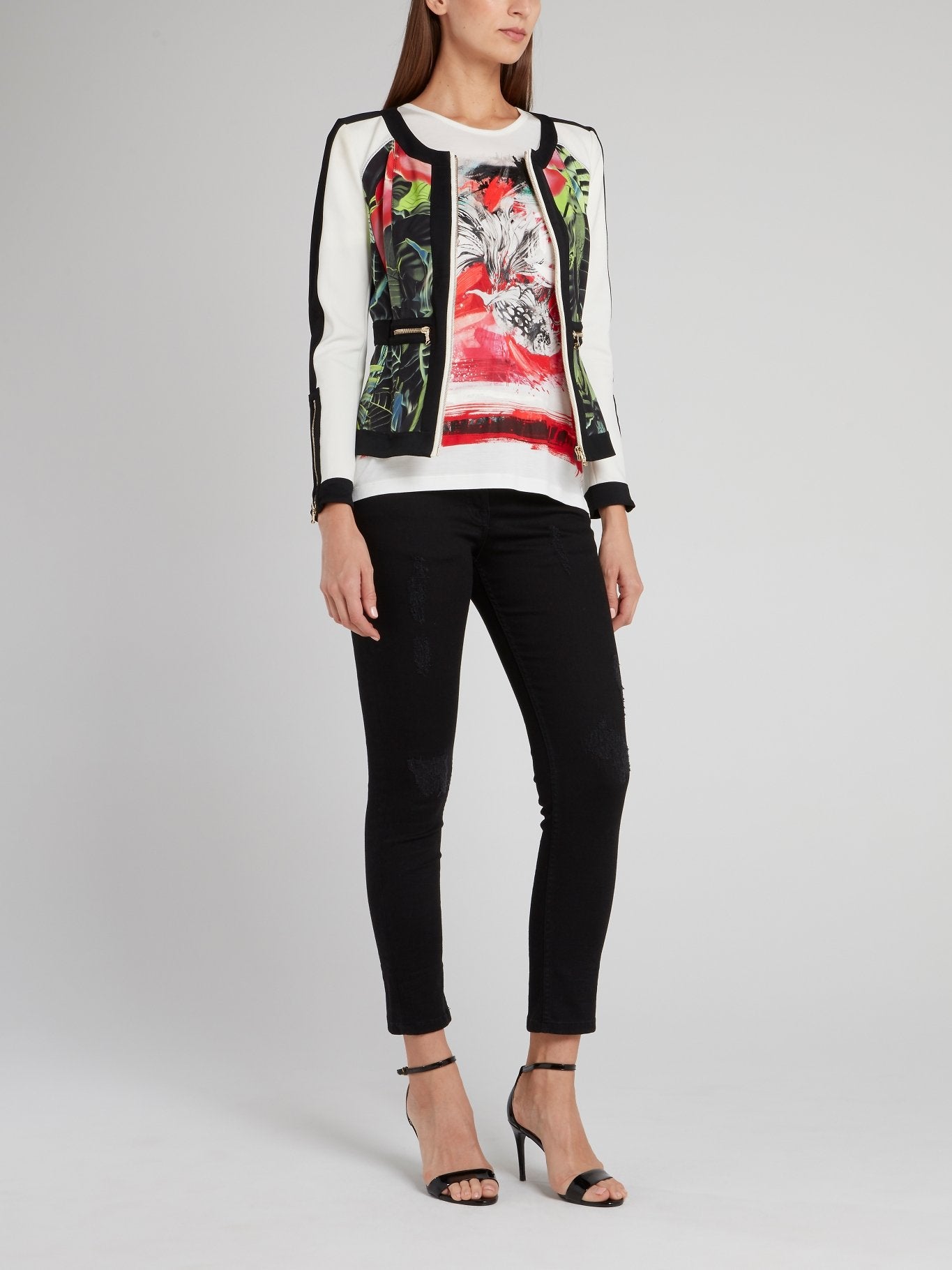 Tropical Print Zip Up Contrast Sleeve Jacket